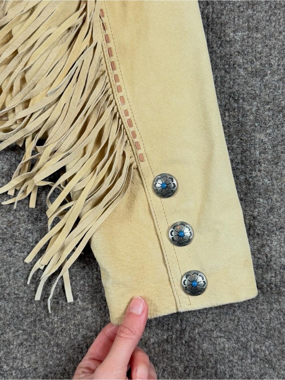 Cripple Creek Tan Suede Leather Fringe Western Jacket Womens L Beaded Medallions - Picture 7 of 15